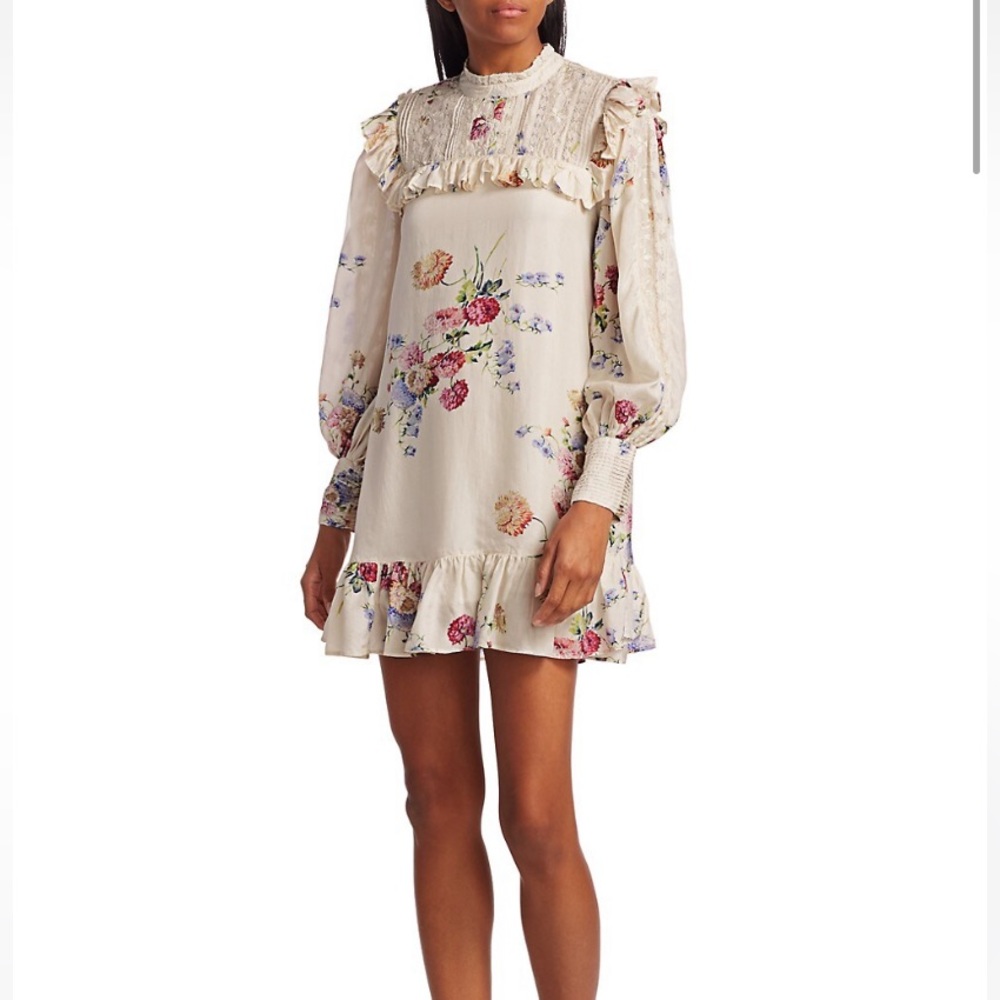 EUC Loveshackfancy Saffron Floral Ruffle Lace-Yoke Silk Shift Dress | Size 4 |